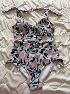Women’s Pink Peach Print One-Piece Swimsuit with Tie Straps